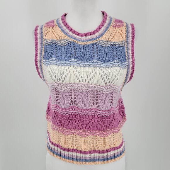 Pink Rose Sweater Vest Womens Medium Striped Open Knit Pastels Preppy Coastal - Picture 1 of 10
